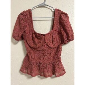 Coquette Milkmaid Romantic Glam Dusty Rose Lace Bustier Peplum Top Smocked Large